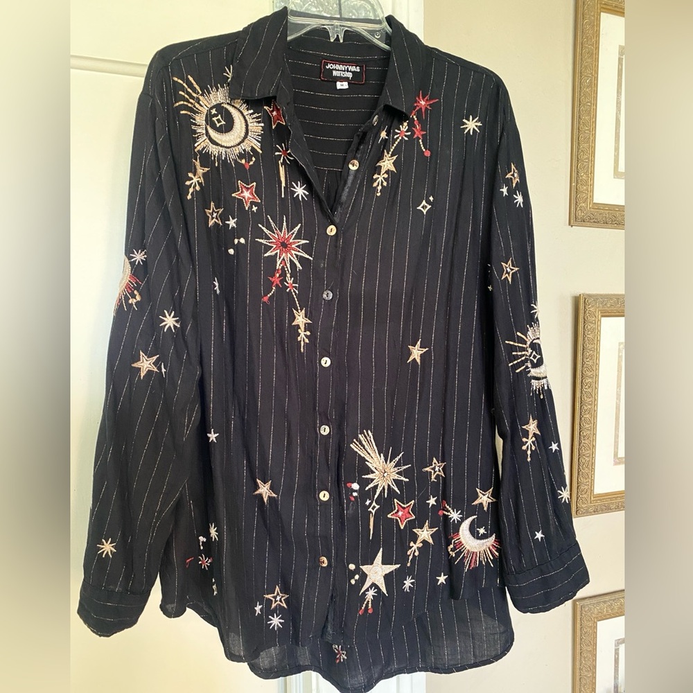 Johnny Was -Telesto Celestial Moon Star Embroidered Striped Button Shirt (M)